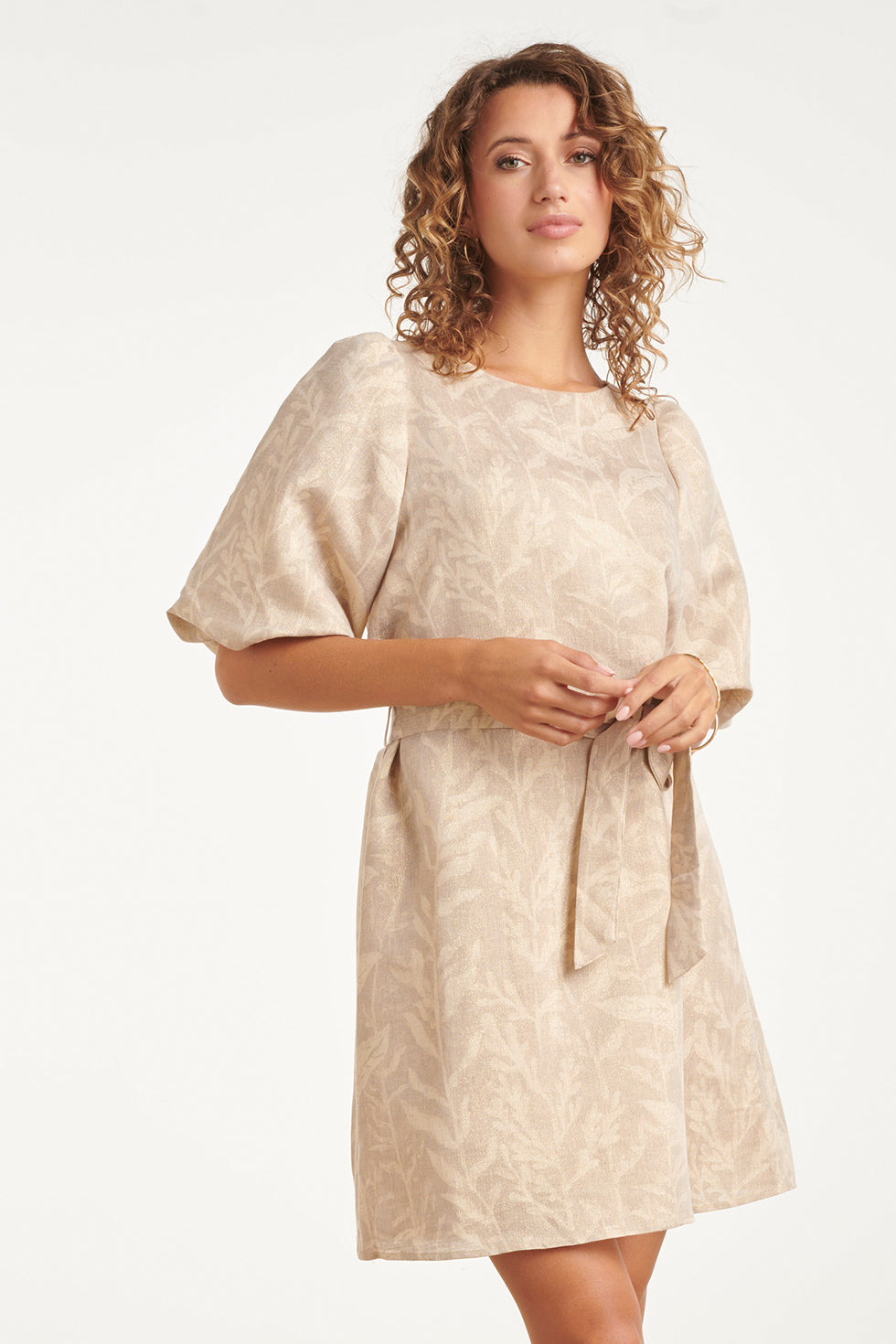 Korte Jurk Met Bladprint En Lurex Stof | Dark Sand - Gold