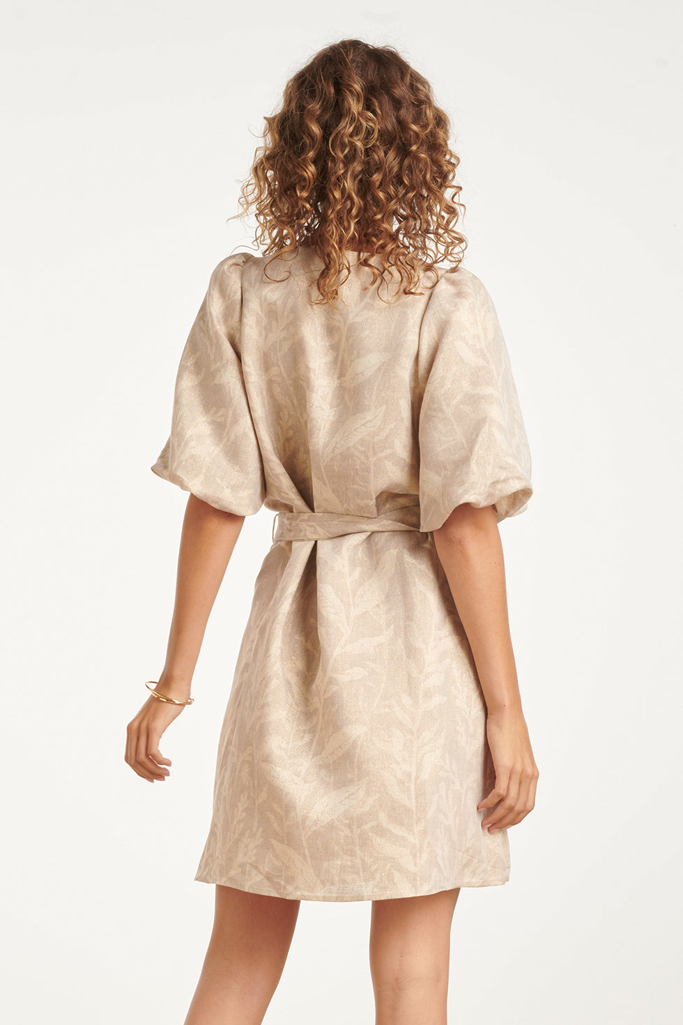 Korte Jurk Met Bladprint En Lurex Stof | Dark Sand - Gold